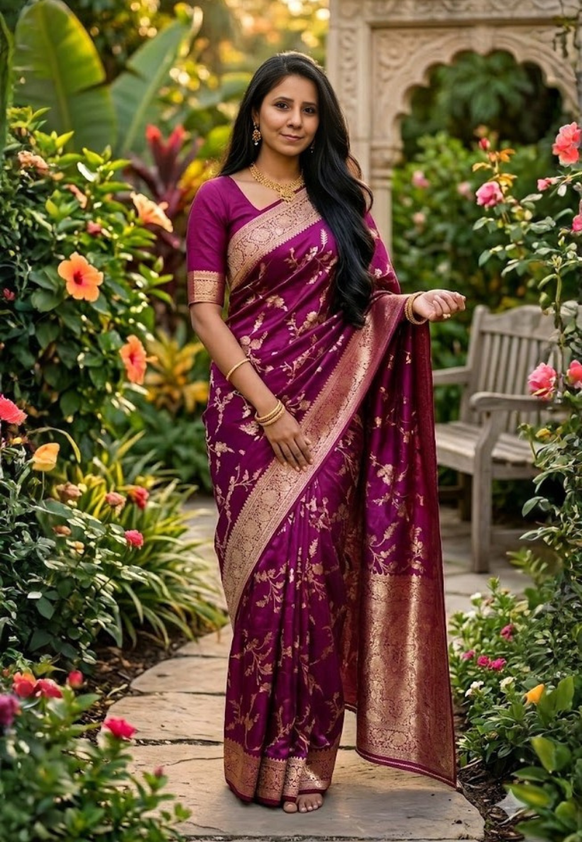 Deep purple banarasi style saree with floral zari motifs and a distinctive border