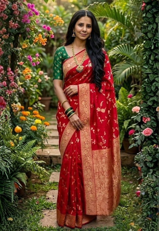 Red banarasi style saree with bottle green edge, gold zari work and contrasting green blouse piece