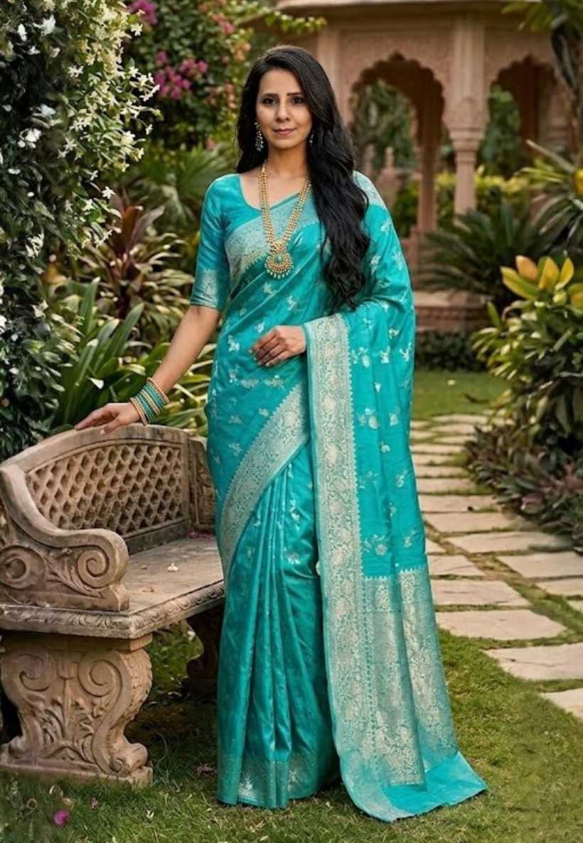 Turquoise banarasi style saree with intricate silver gold zari weaving and a regal finish