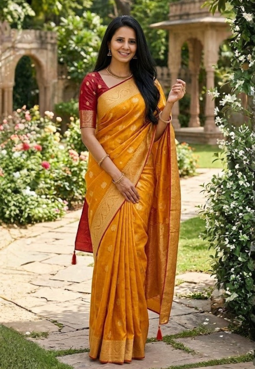 Sunflower yellow banarasi art silk saree enhanced with a thin red edge, zari border and contrasting red blouse piece