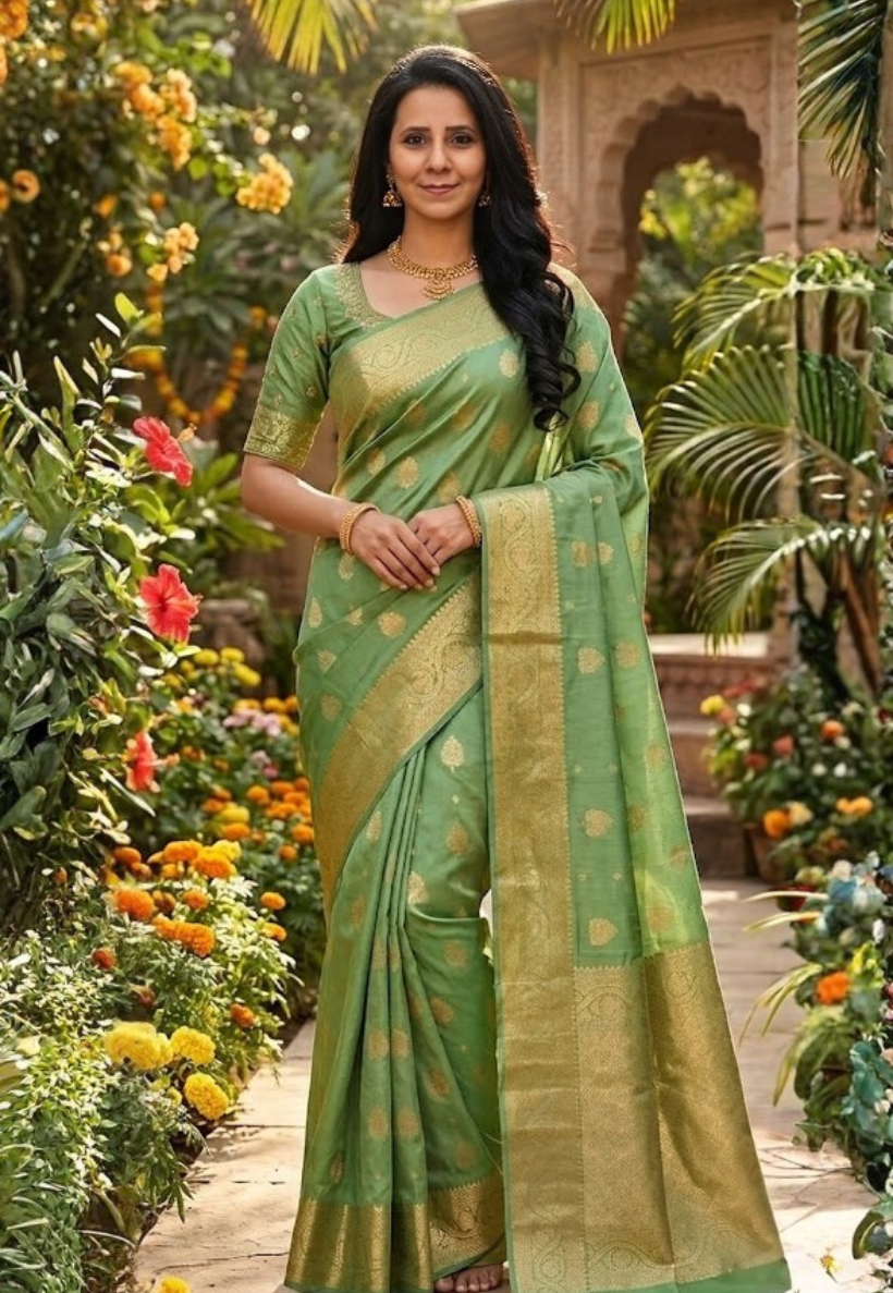 Pistachio green banarasi art silk saree with extensive gold zari work and broad border