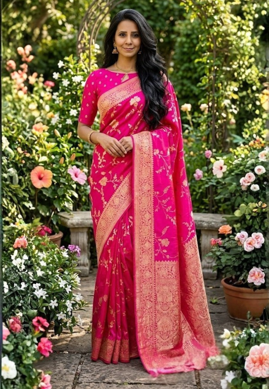 Vibrant rani pink banarasi art silk saree with extensive gold zari work and broad border