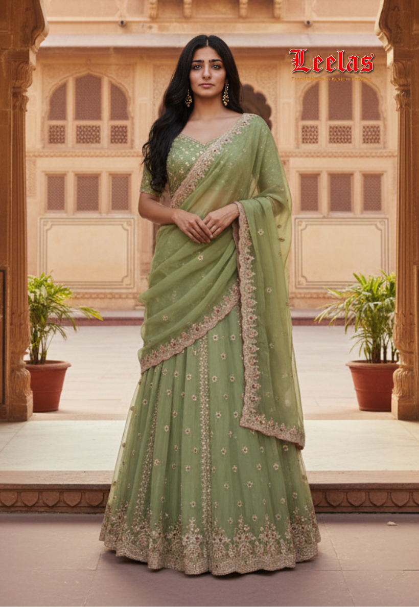 Avocado green georgette Rajasthani semi-stitched lengha with detailed embroidery and sequins work with a touch of pink