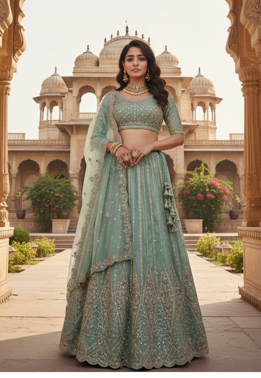 Sea green tissue silk unstitched lengha with sequins and embroidery and stonework