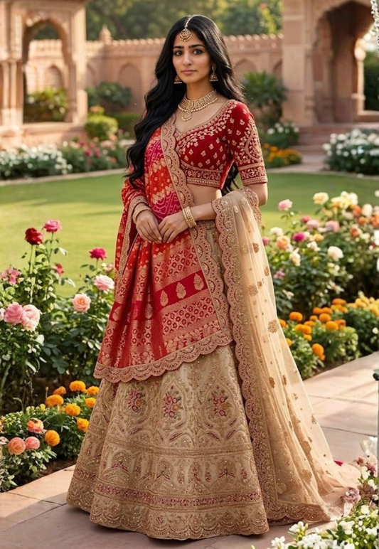 Cream peacock themed bridal unstitched lengha with traditional and highly embellished with intricate zari, sequins, stonework and colourful thread embroidery