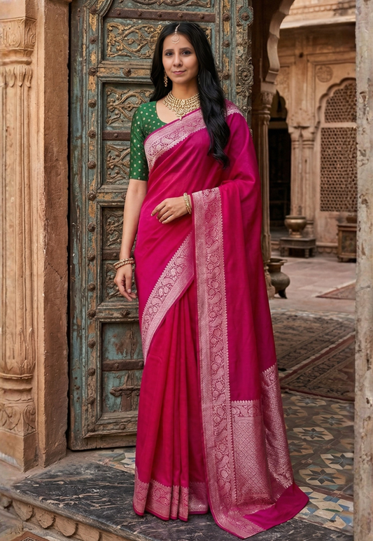 Rani pink crepe silk saree with traditional gold zari border and contrasting bottle green blouse piece