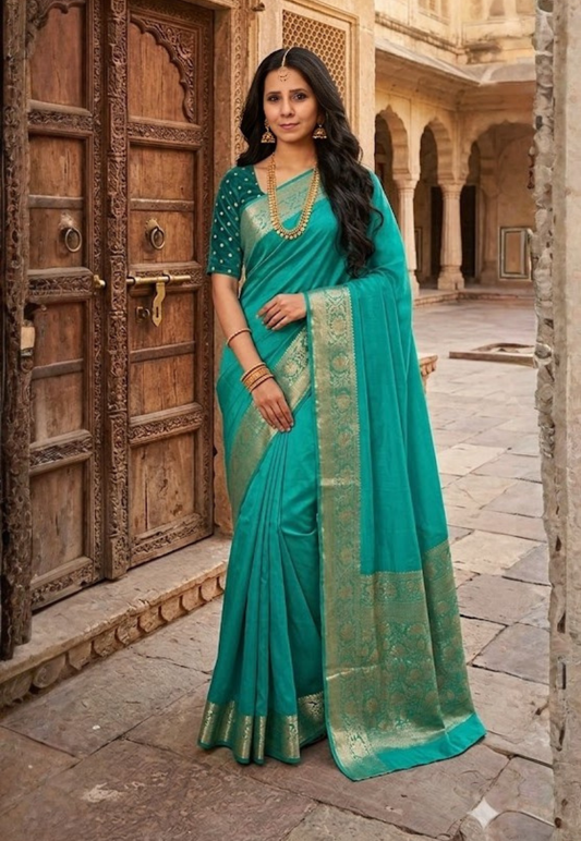 Turquoise crepe silk saree with traditional gold zari border and contrasting navy blouse piece