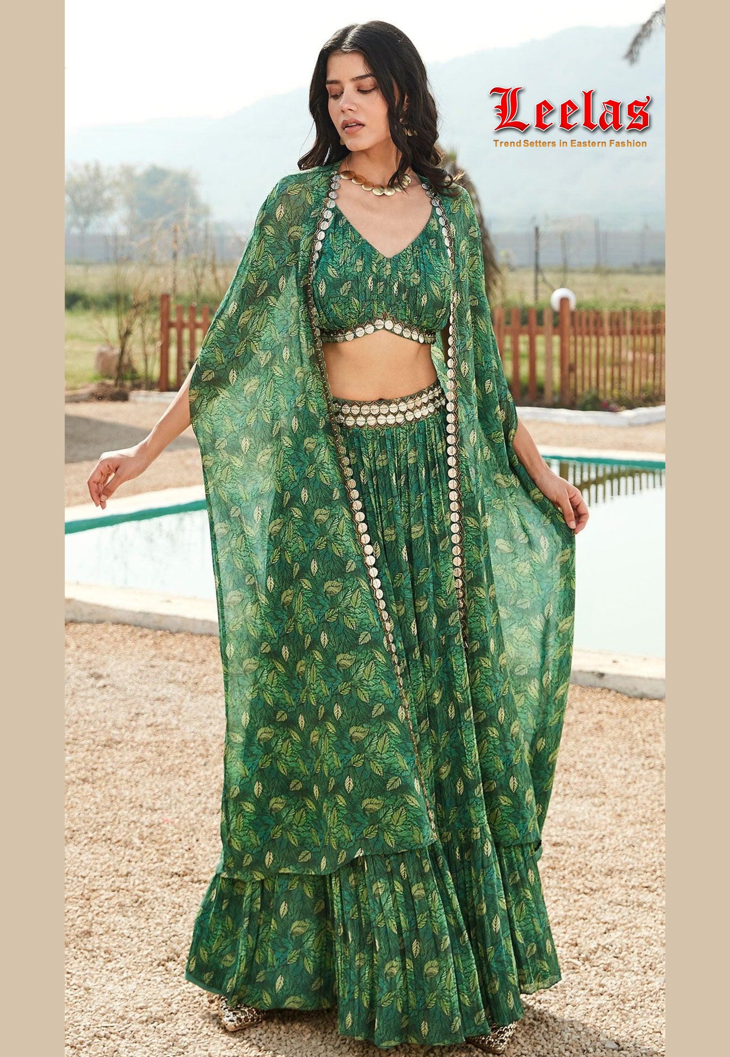 Green leaf print lengha with ready made blouse and long jacket, Indian Wear Houghton Johannesburg