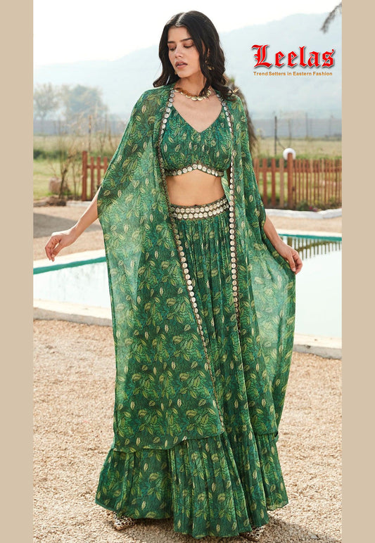 Green leaf print lengha with ready made blouse and long jacket, Indian Wear Houghton Johannesburg