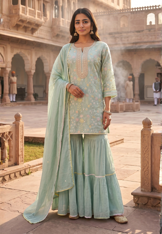 Sea green cotton chikankari embroidered sharara with matching pants
