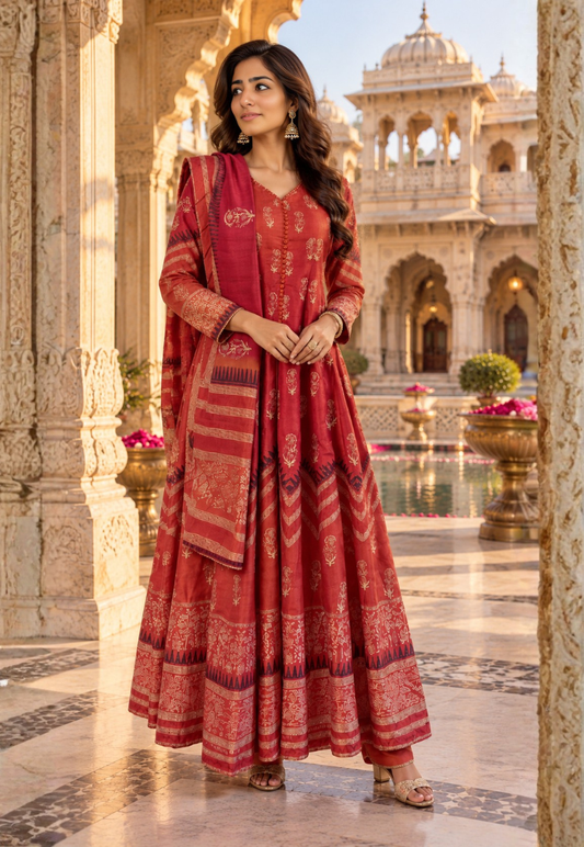 Ombre rust and deep magenta anarkali with stonework and matching pants