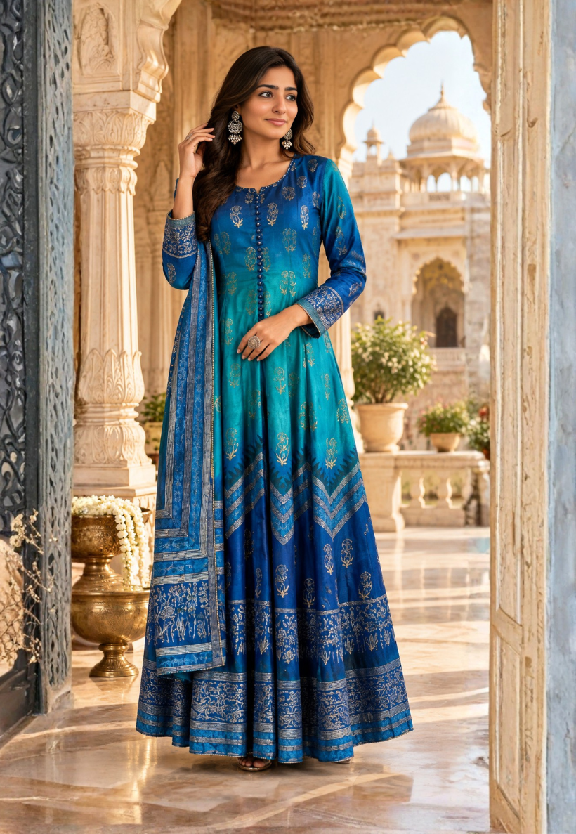 Ombre royal blue and turquoise anarkali with stonework and matching pants