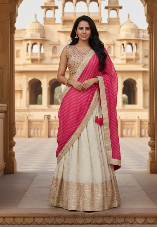Cream stitched georgette lengha with zari, embroidery and sequins work with a vibrant rani pink dupatta