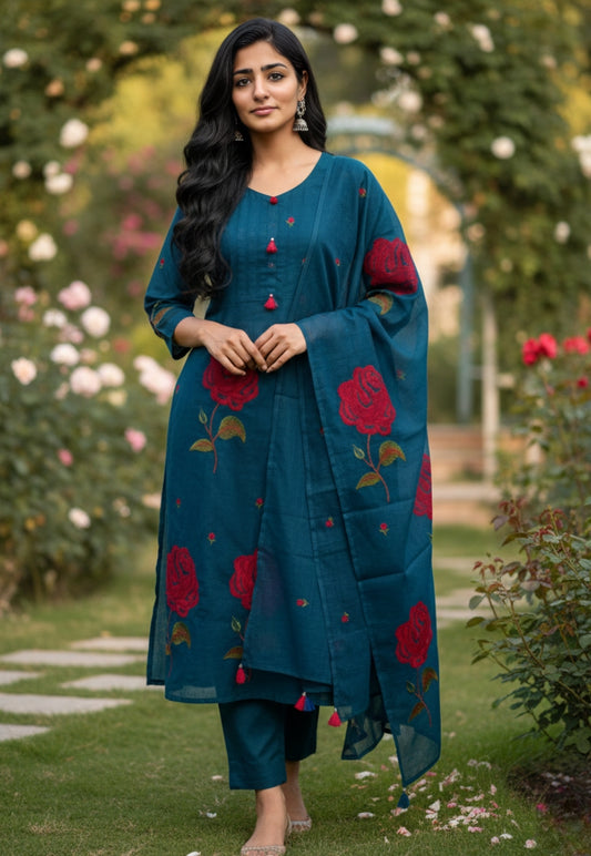 Dark blue cotton silk salwar kameez with pants and dupatta