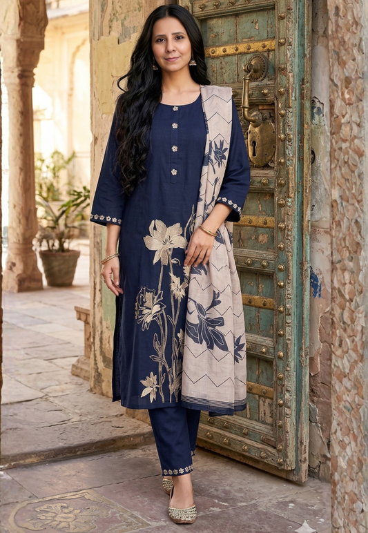 Navy cotton salwar kameez with floral print with pants