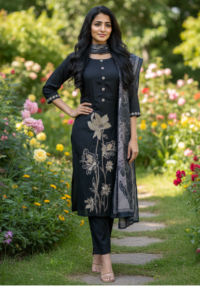 Black  cotton salwar kameez with gold floral print