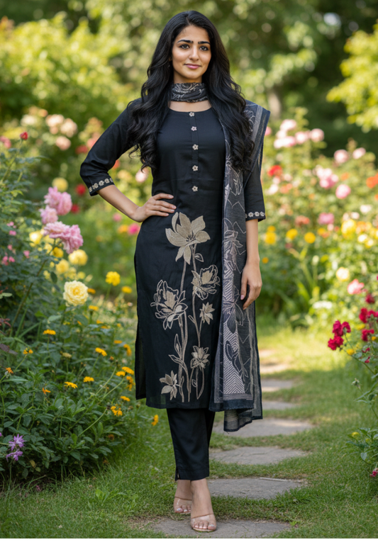 Black  cotton salwar kameez with gold floral print