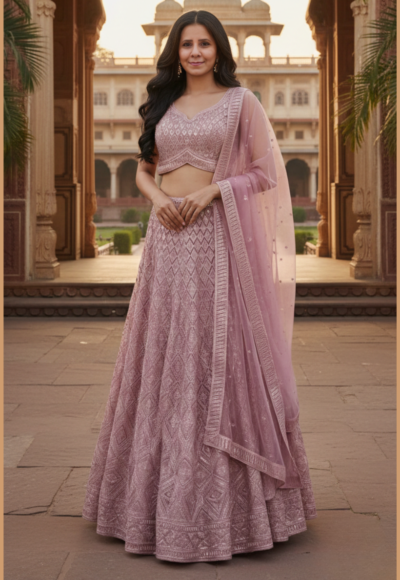 Dusty pink stitched designer georgette lengha with geometric and diamond pattern with sequins work