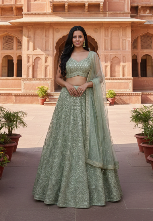 Light green stitched designer georgette lengha with geometric and diamond pattern with sequins work