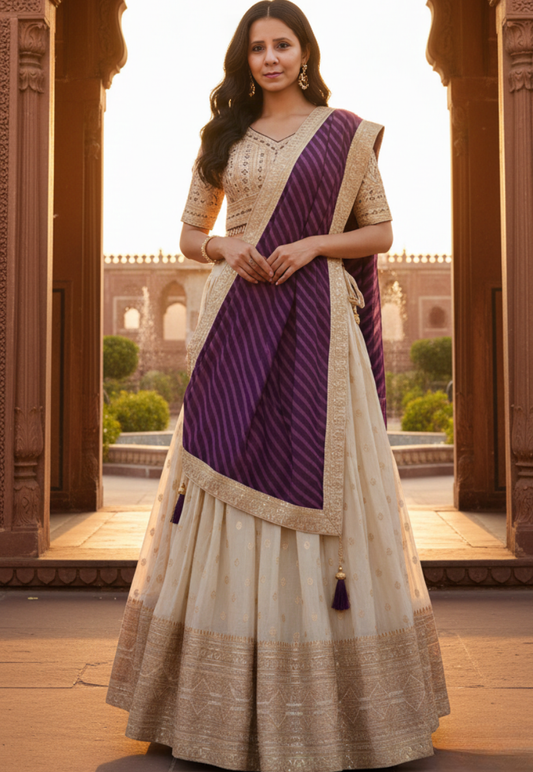 Cream stitched georgette lengha with zari, embroidery and sequins work with a vibrant purple dupatta