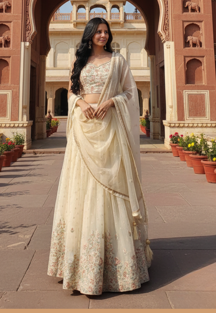 Ivory stitched lengha with embroidery and stonework