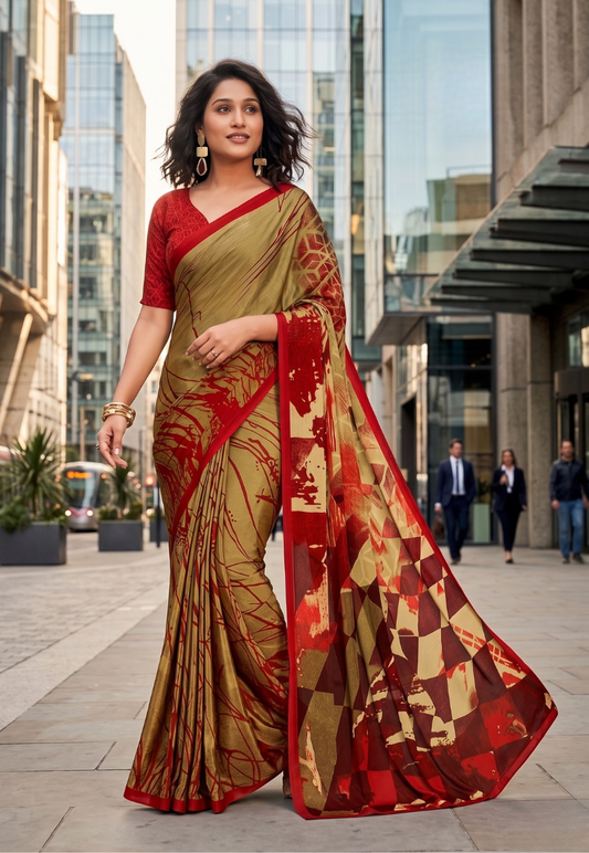Lustrous gold crepe saree with abstract crimson red diamond pattern