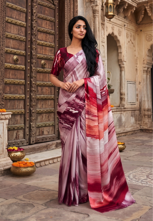 Striking crimson red and terracotta tones crepe saree with wavy line pattern