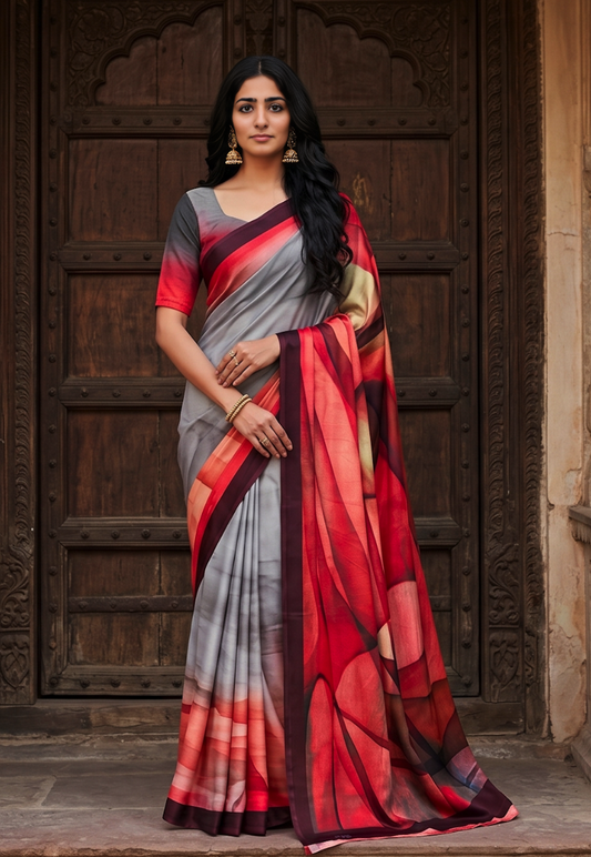 Light grey and charcoal crepe saree with geometric pattern in shades of red, black and orange