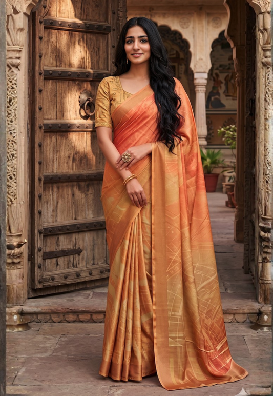 Orange geometric crepe saree featuring a soft coral shade
