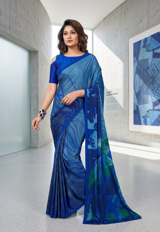Steel blue crepe saree with geometric style pattern in shades of navy and green