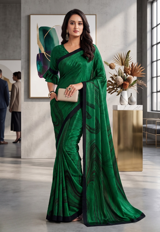 Emerald green crepe saree with abstract black line patterns