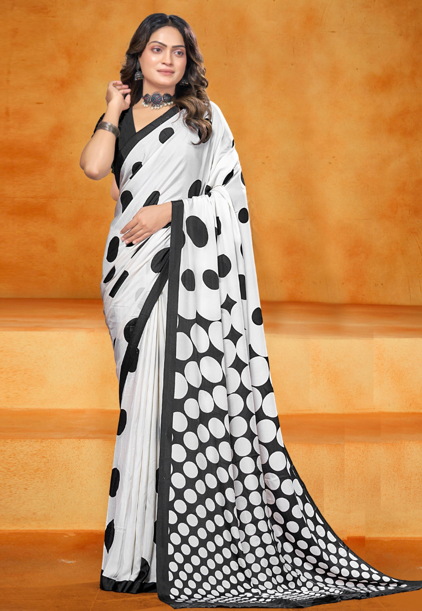 Black and white dotted chiffon saree