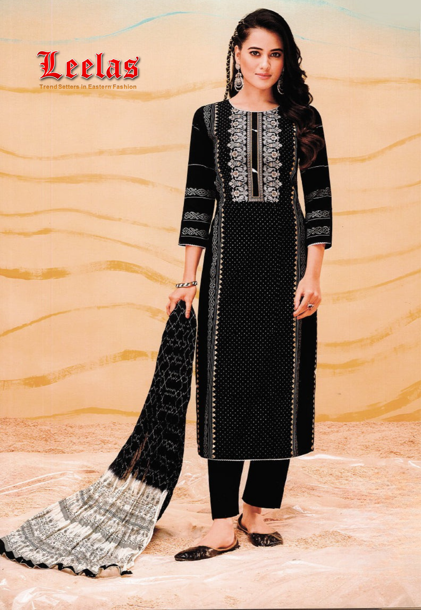 Black and cream silk salwar kameez