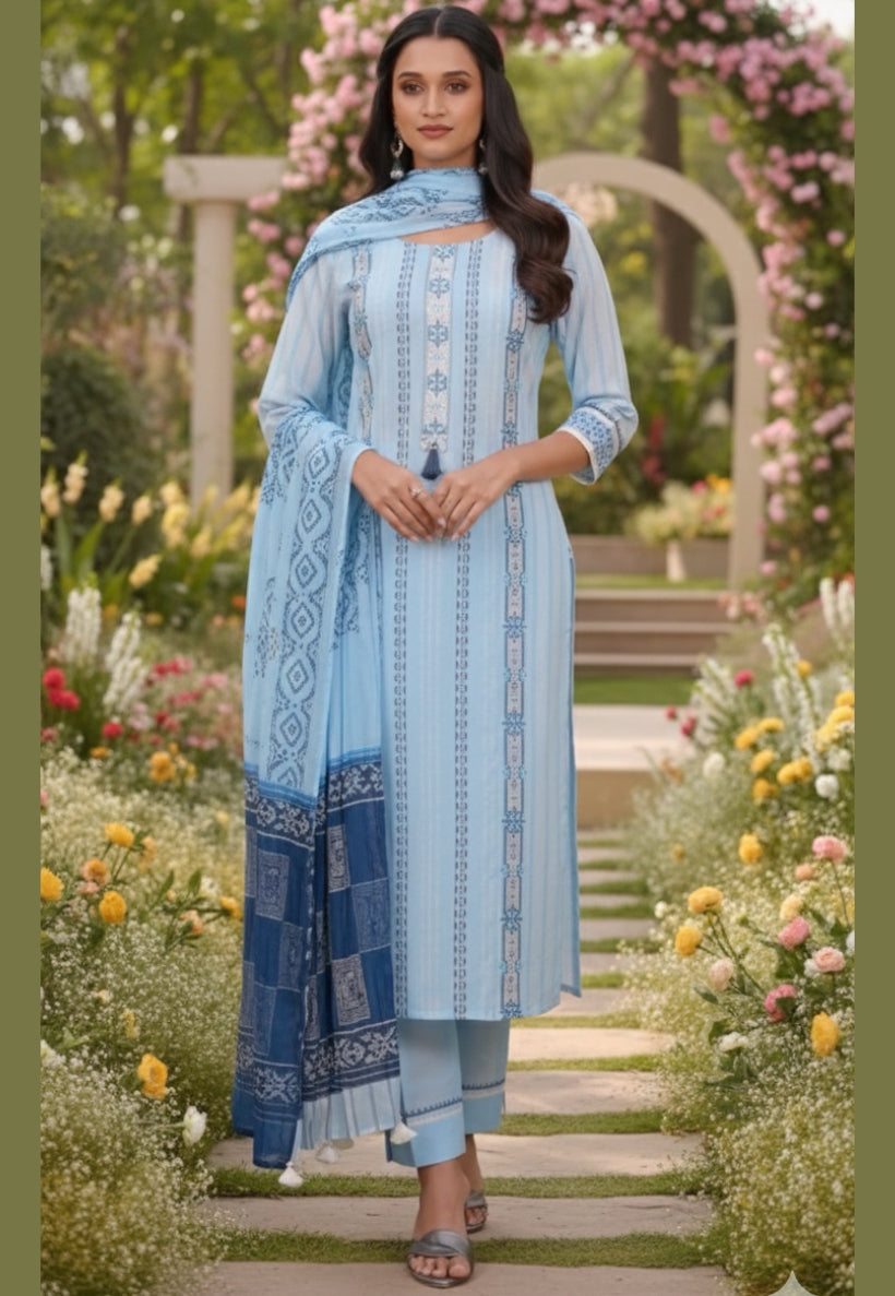Baby blue salwar kameez with cotton embroidery