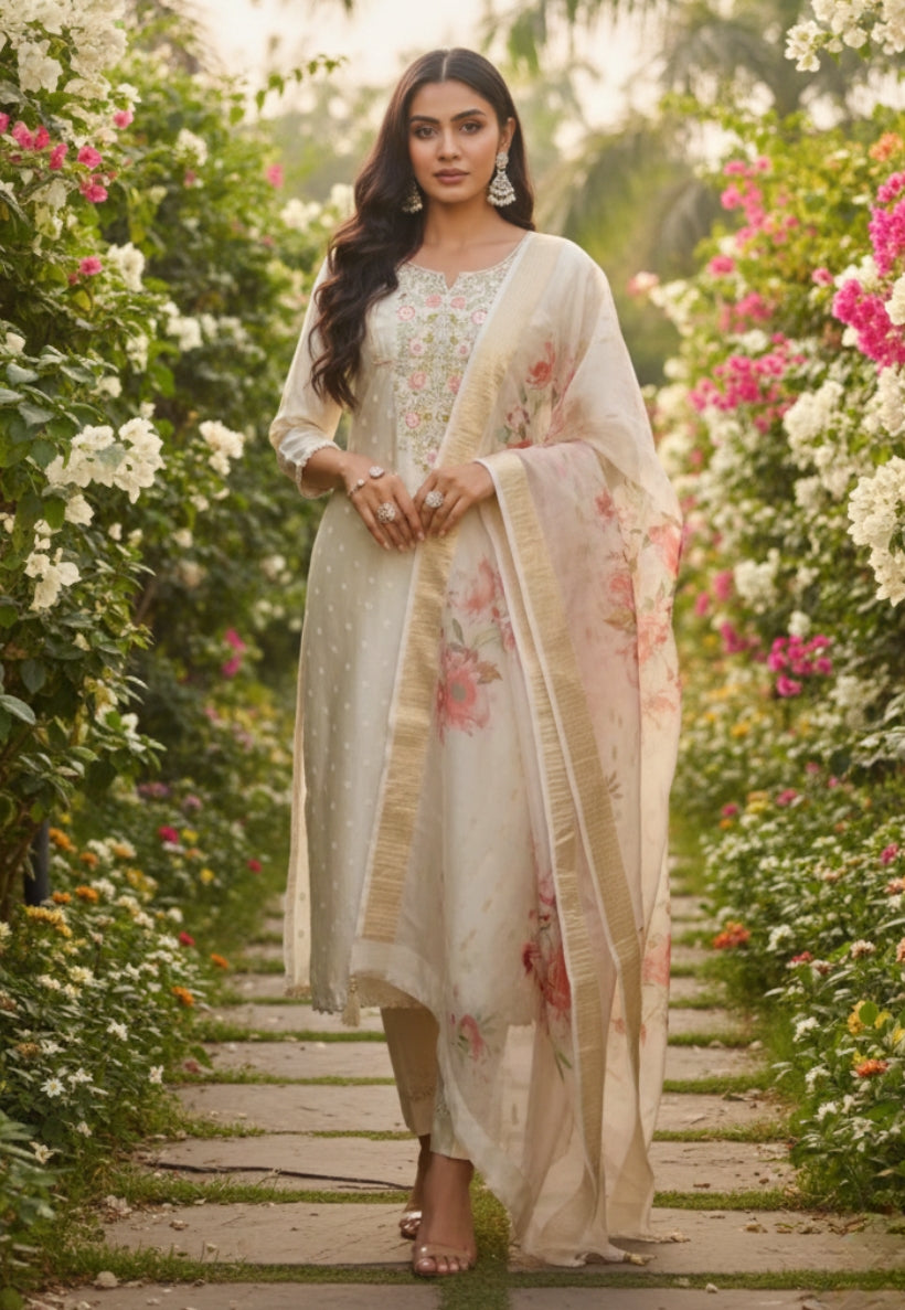 Cream floral silk salwar kameez with floral dupatta