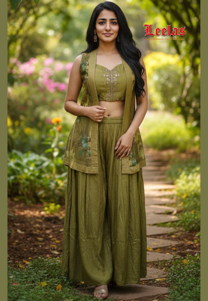 Olive green indo western outfit, top with palazzo pants and dupatta