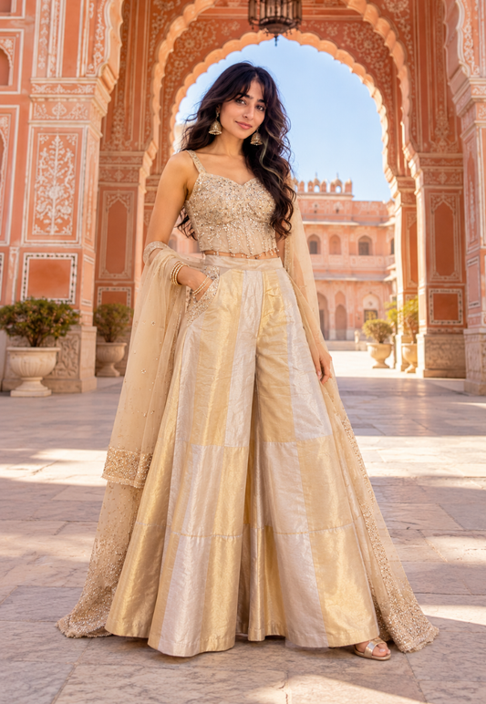 Champagne gold Indo Western outfit with bead and sequins with pants