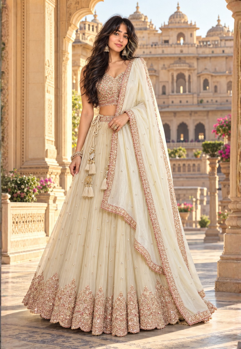 Butter cream lengha with stone and beadwork with matching blouse