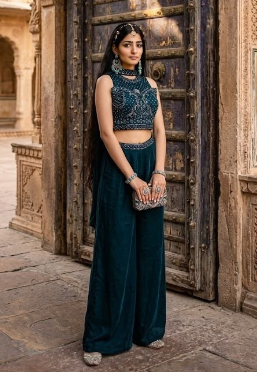 Teal Indo-Western outfit with beaded and sequins blouse