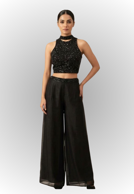 Black Indo-Western outfit with beaded and sequins blouse