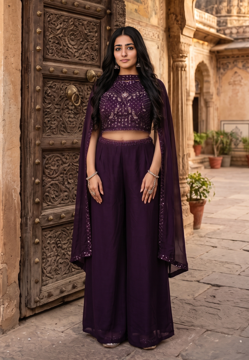 Grape Indo-Western outfit with beaded and sequins blouse