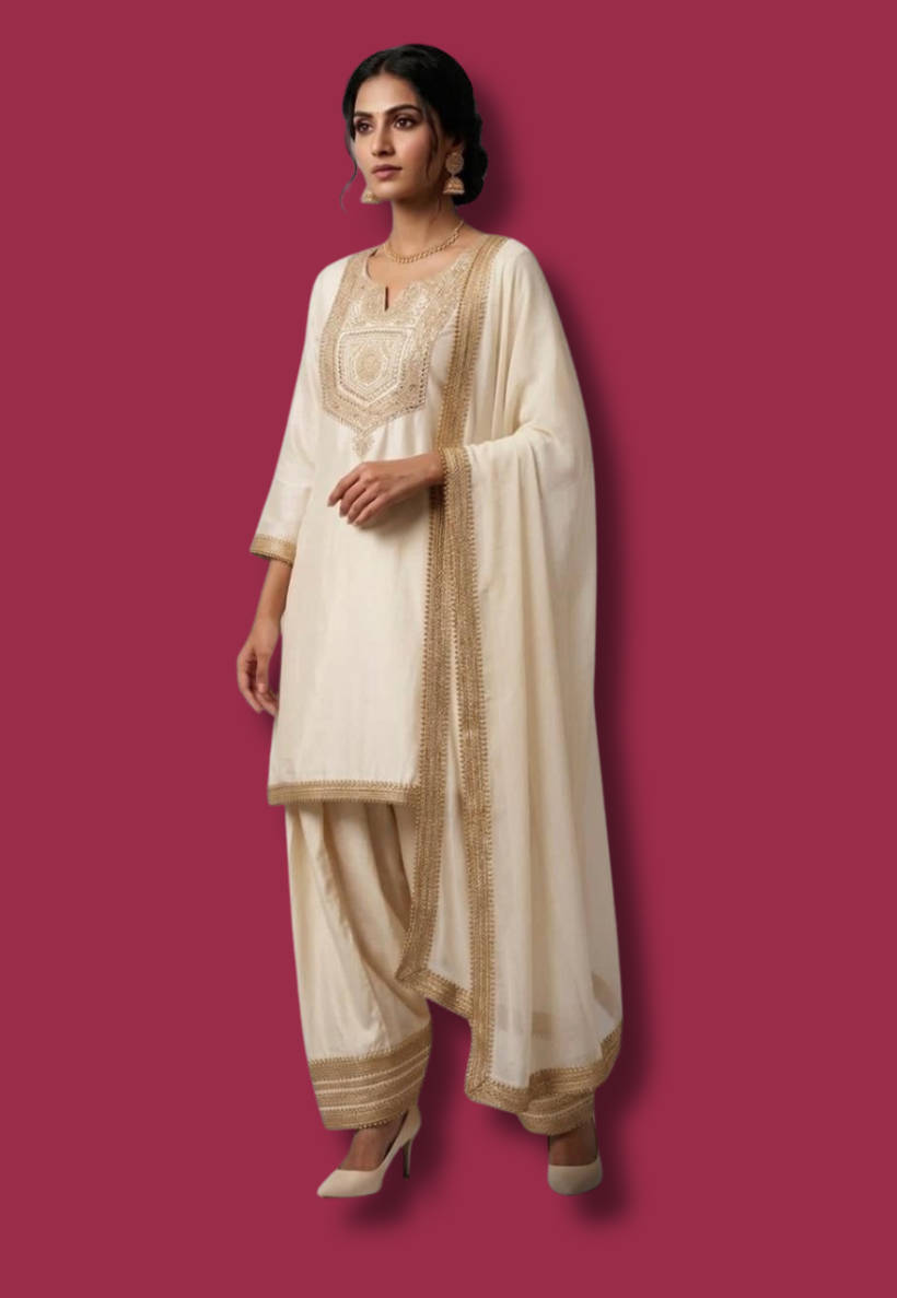Cream silk Farsi suit with gold embroidery
