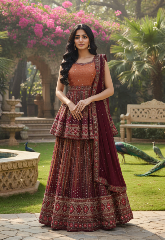 Rust Brown mirror work lengha