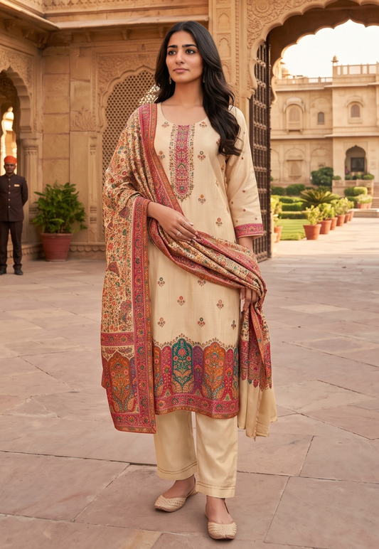 Rich cream paisley printed salwar kameez with pants