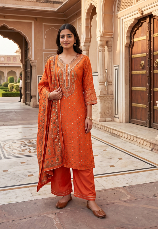Bright orange crepe silk salwar kameez with sequins, stone and mirrorwork with matching pants