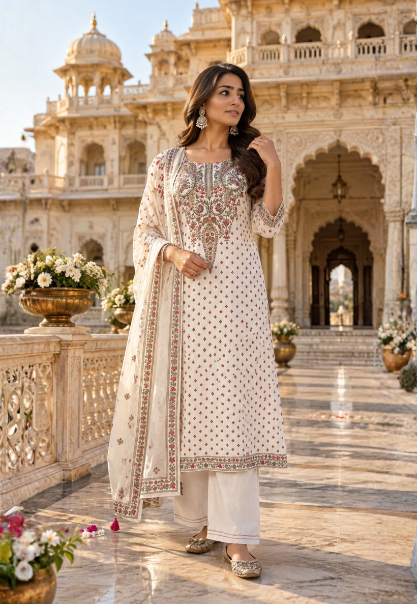 Off white crepe silk salwar kameez with sequins and beadwork with pants
