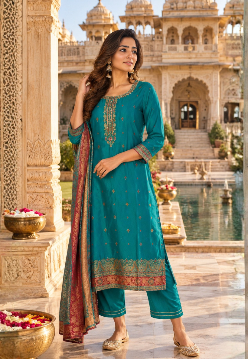 Peacock green crepe silk salwar kameez with pants