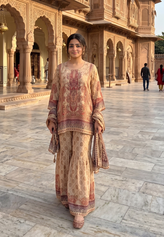 Beige, terracota and olive tone crepe silk stonewotk sharara with flare pants