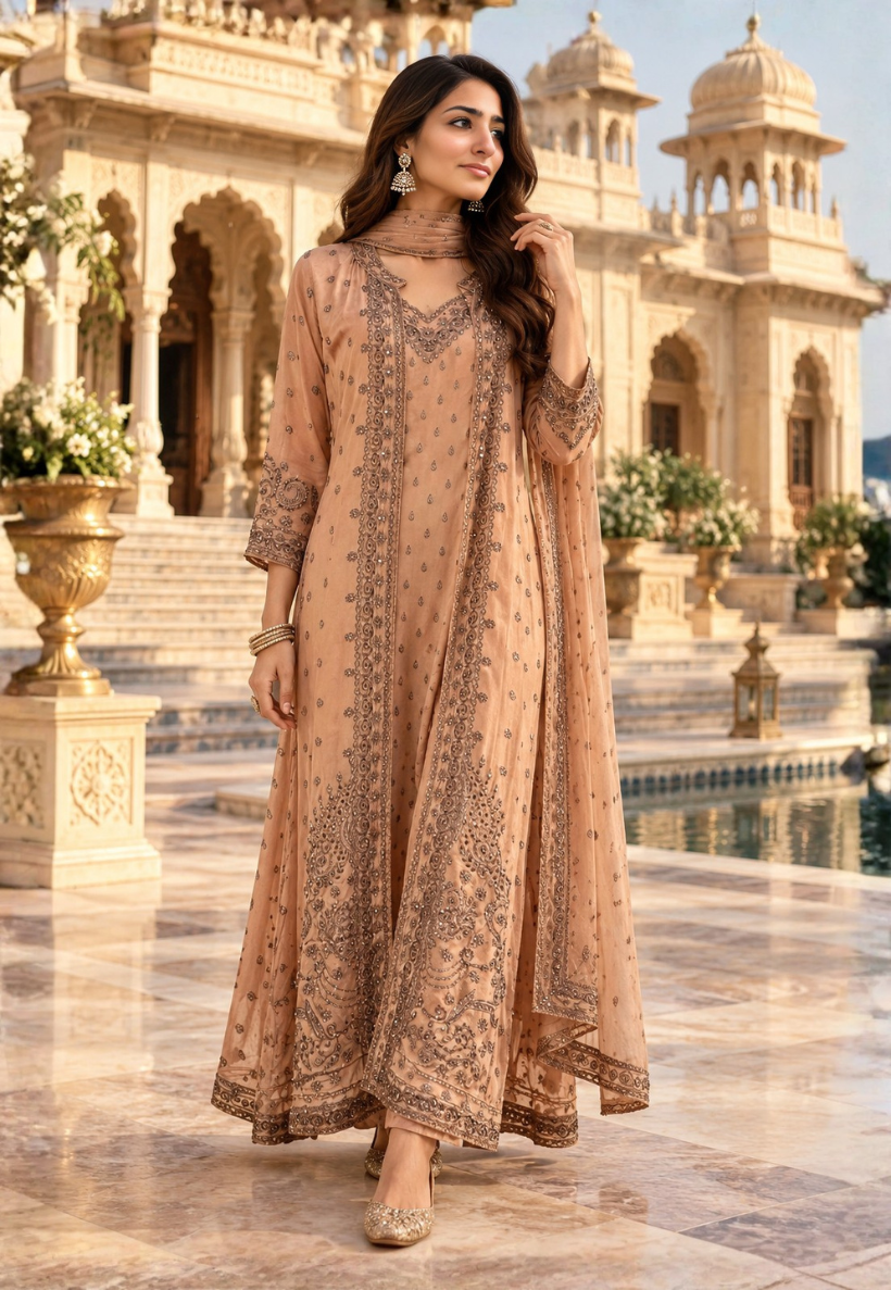 Dark beige crepe silk long dress with long jacket with stone and mirrorwork