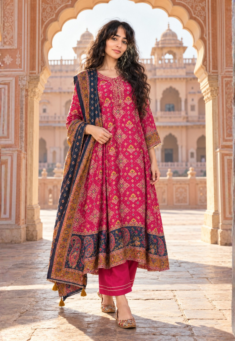Cerise and navy stonework salwar kameez with pants